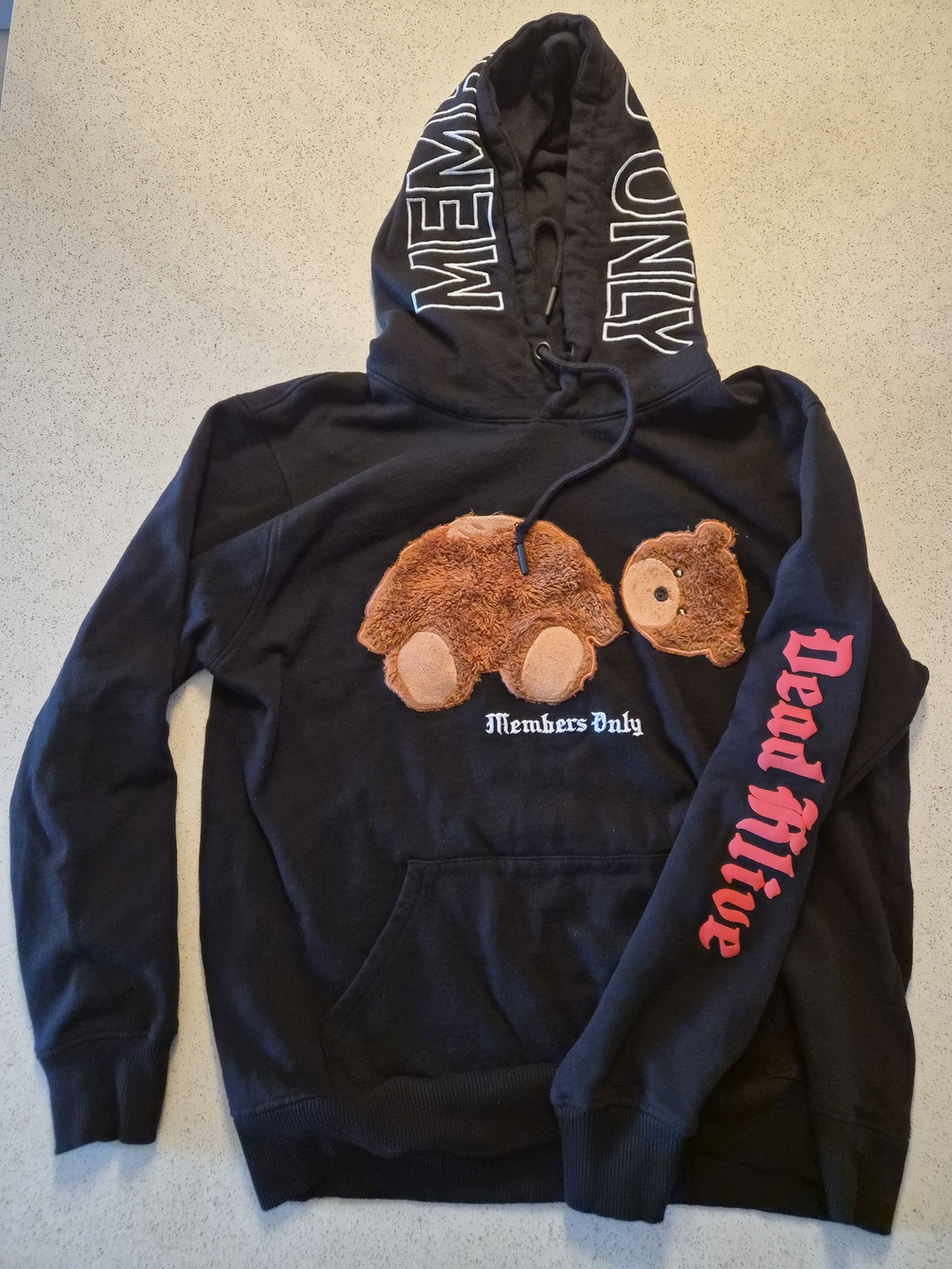 Members Only Black Hoodie with Brown Teddy and Pink Sleeve Script